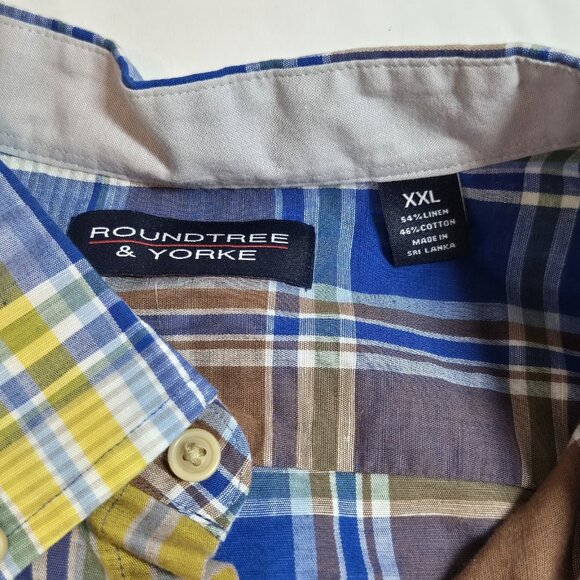 Roundtree Yorke Men's Shirt Size XXL Plaid Short Sleeve Linen Blend Brown (01) - Picture 6 of 9